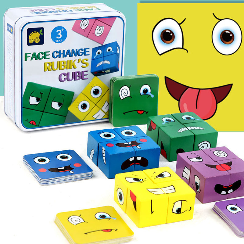 Wooden Face Cube Expression Matching Puzzle